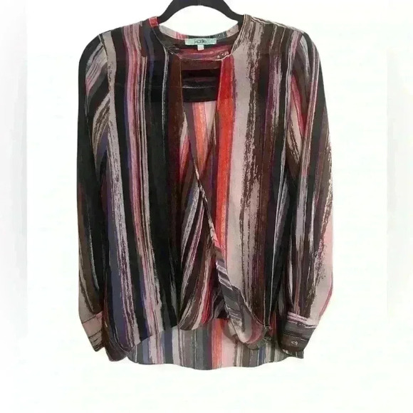 Karlie Front Faux Wrap Striped Career Sheer Top Size Medium - Picture 3 of 5
